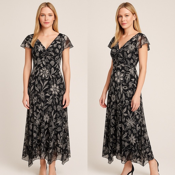 R&M Richards black and white floral print flutter sleeves maxi dress,‎ 12 - Picture 1 of 16